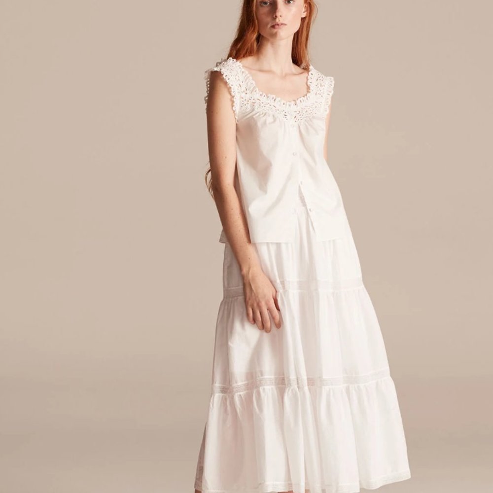 Rebecca Taylor - La Vie- Prairie Lace Trimmed Tiered Midi Skirt - SZ L - White